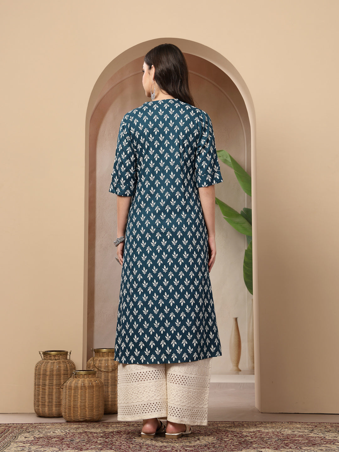 Women's Teal Ethnic Motifs Printed Rayon A-Line Kurta (TEALTHUNDER) | 
