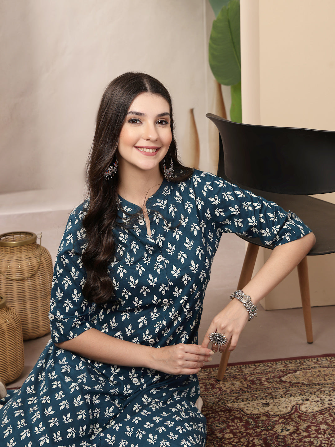Women's Teal Ethnic Motifs Printed Rayon A-Line Kurta (TEALTHUNDER) | 
