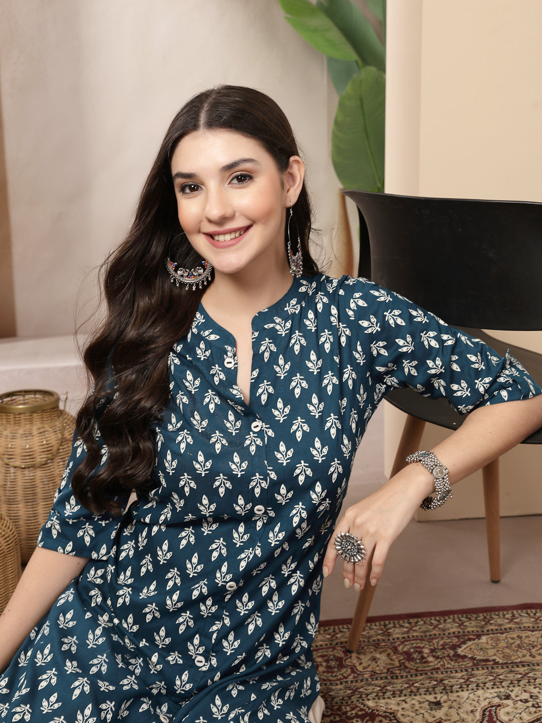 Women's Teal Ethnic Motifs Printed Rayon A-Line Kurta (TEALTHUNDER) | 