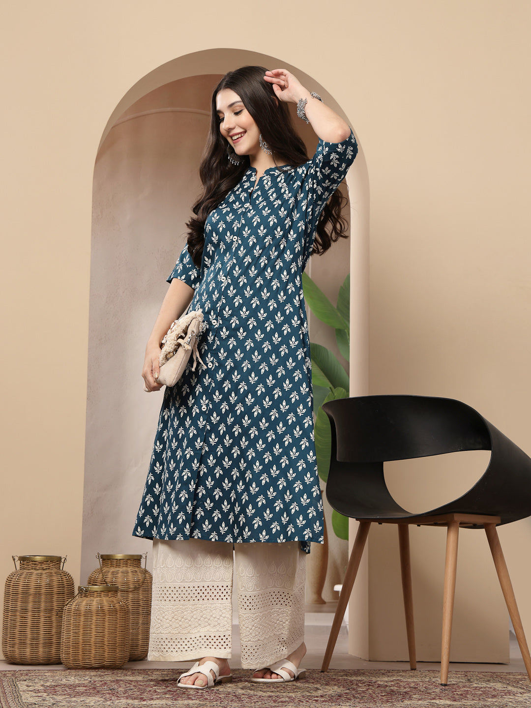 Women's Teal Ethnic Motifs Printed Rayon A-Line Kurta (TEALTHUNDER) | 
