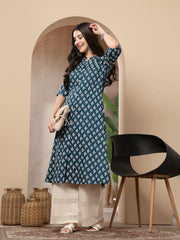 Stylum Women's Teal Ethnic Motifs Printed Rayon A-Line Kurta (TEALTHUNDER)