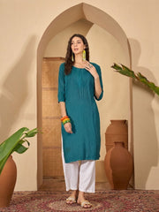 Stylum Women's Teal Solid Rayon Straight Kurta (TEALUDUPI)