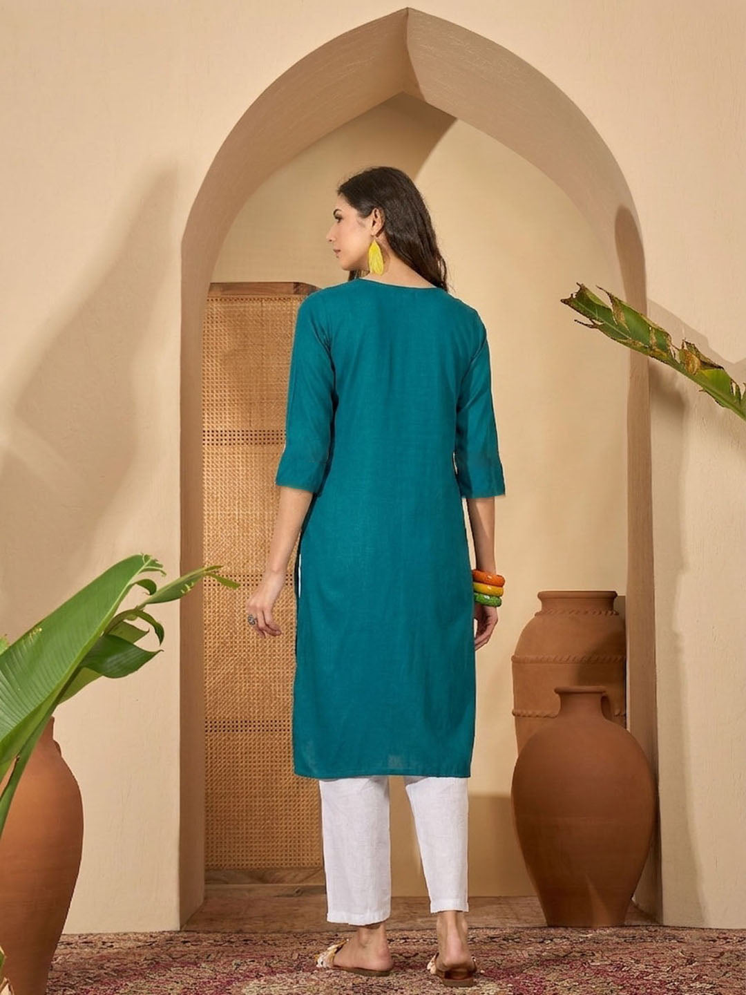 Women's Teal Solid Rayon Straight Kurta (TEALUDUPI) | DesiQlo