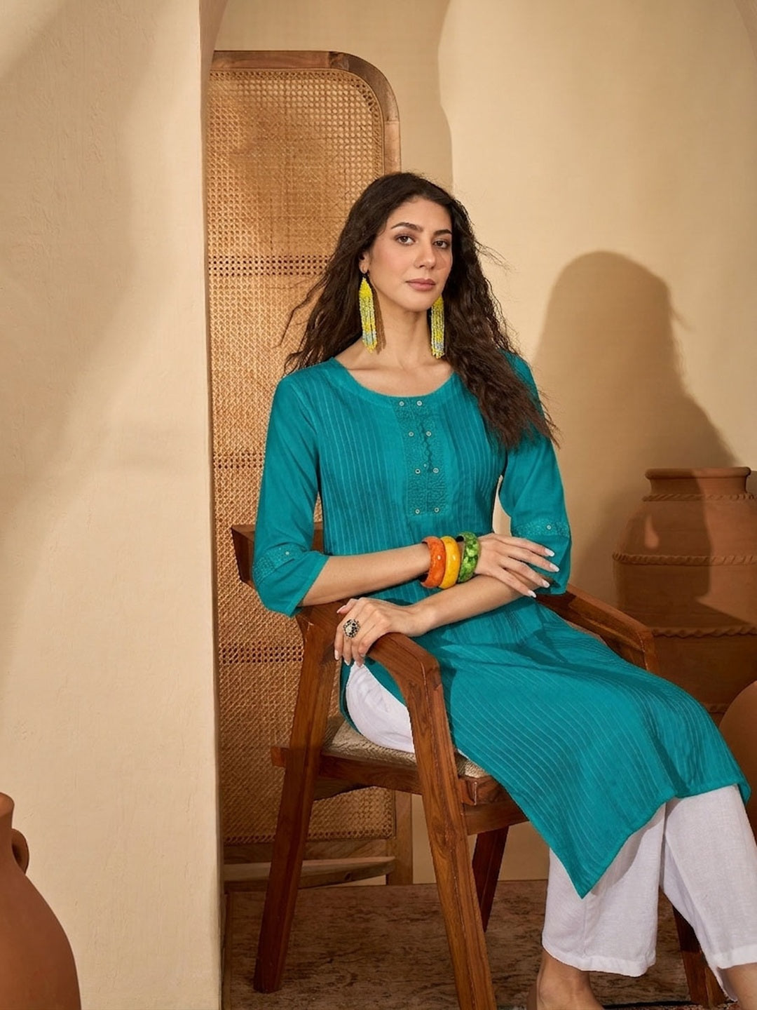 Women's Teal Solid Rayon Straight Kurta (TEALUDUPI) | DesiQlo