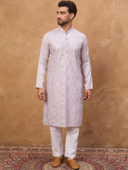 Ethnic Bay Men Lavender Silk Blend Solid Embroidered Straight Kurta With Pant Set-MKSET1443