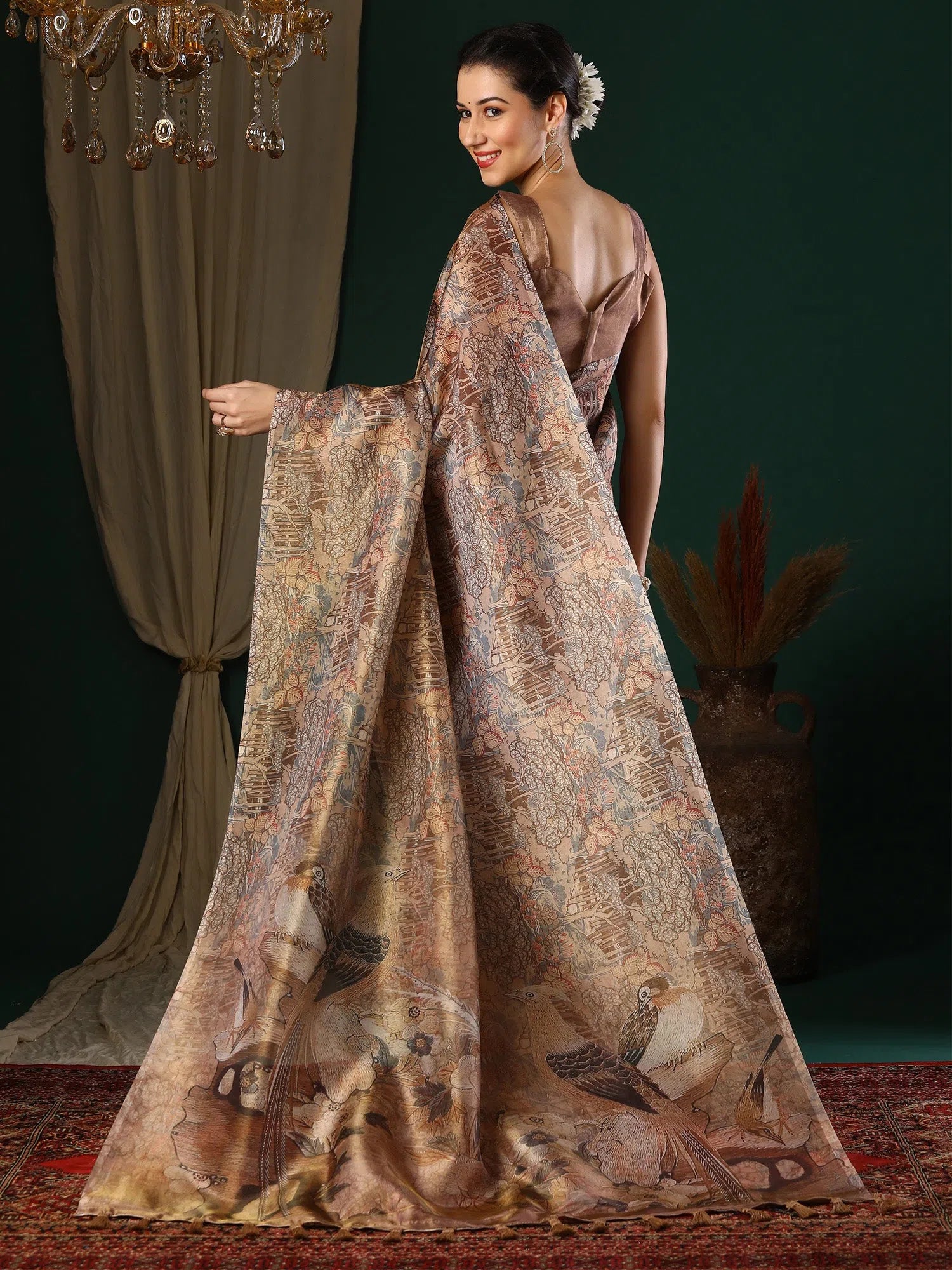 Beige Printed Organza Saree | Designer Sarees India