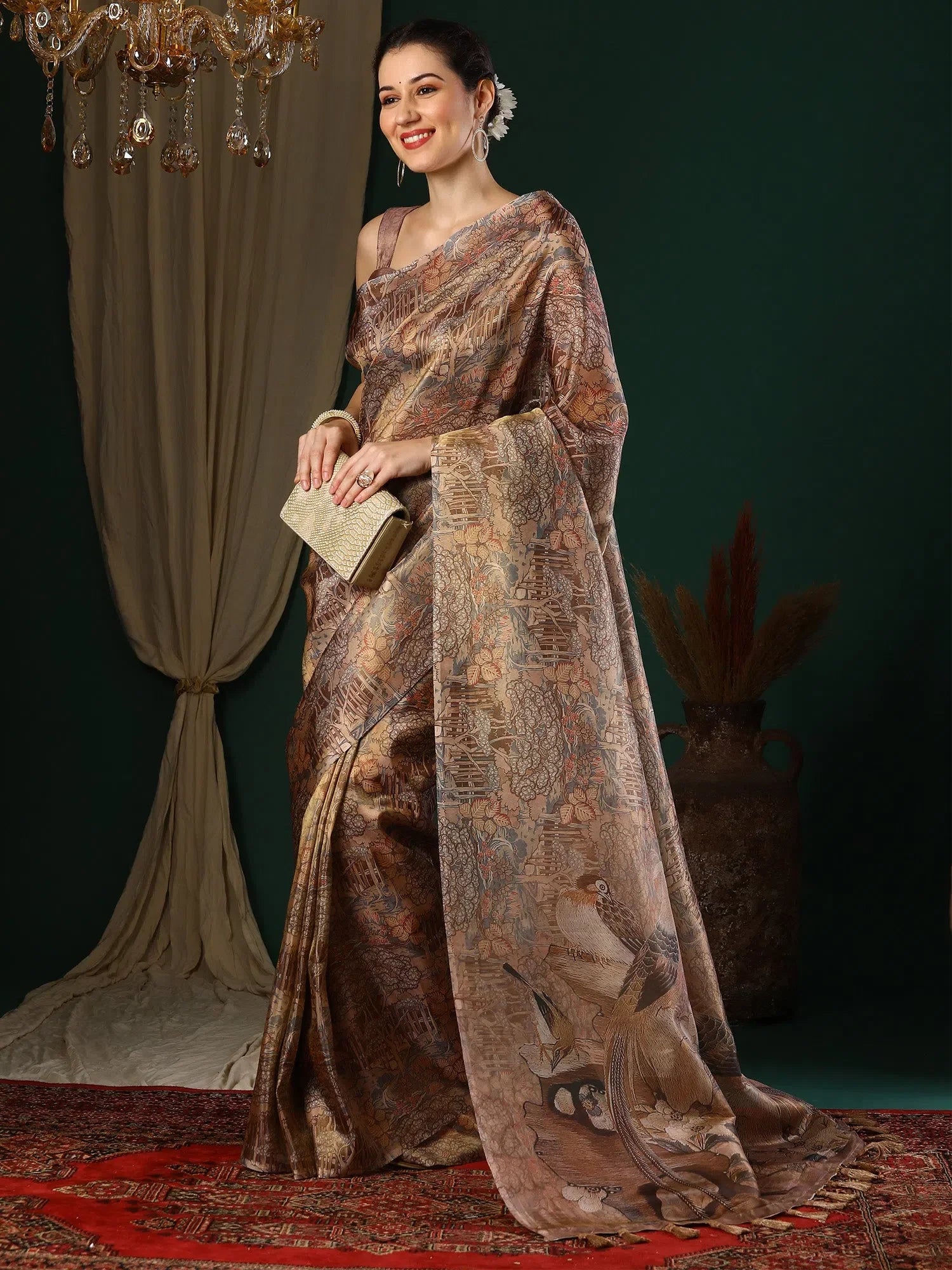 Beige Printed Organza Saree | Designer Sarees India