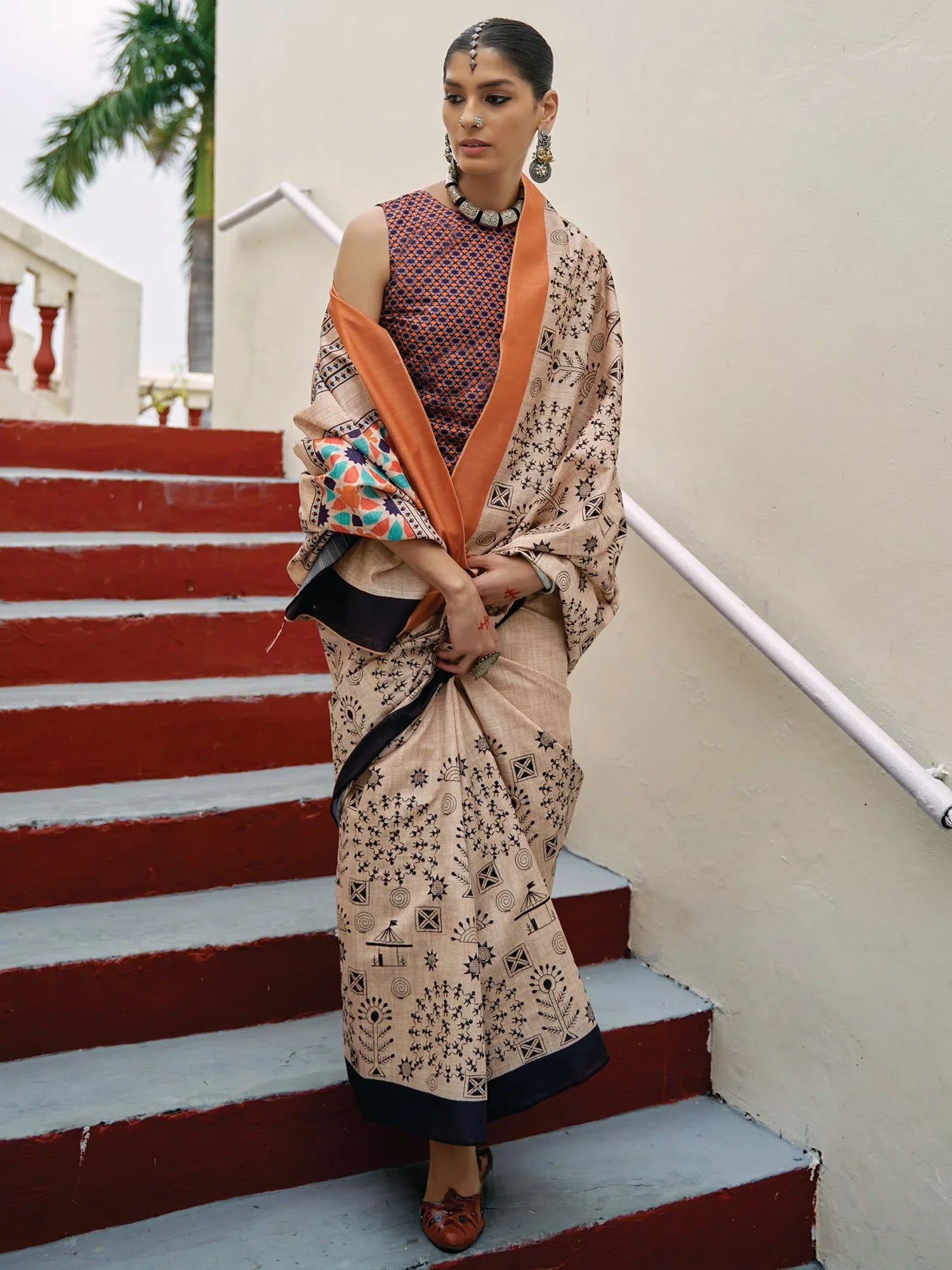 Cream Embroidered Saree - Designer Sarees India