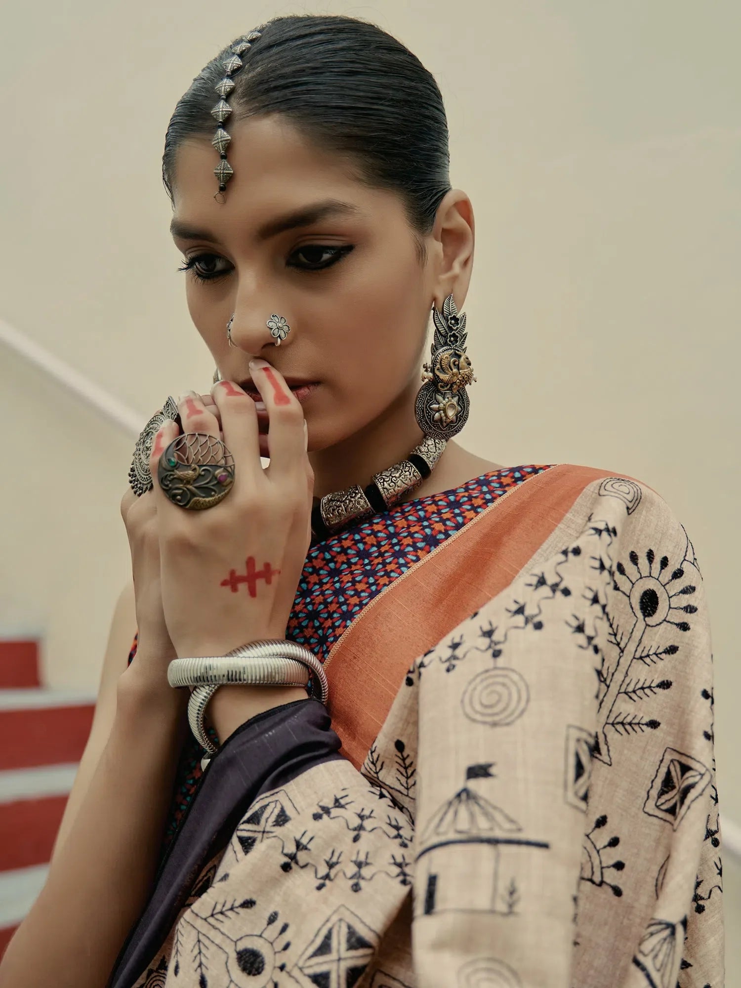 Cream Embroidered Saree - Designer Sarees India