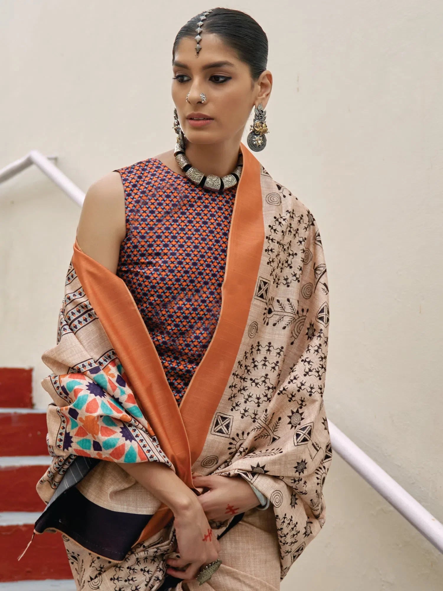 Cream Embroidered Saree - Designer Sarees India