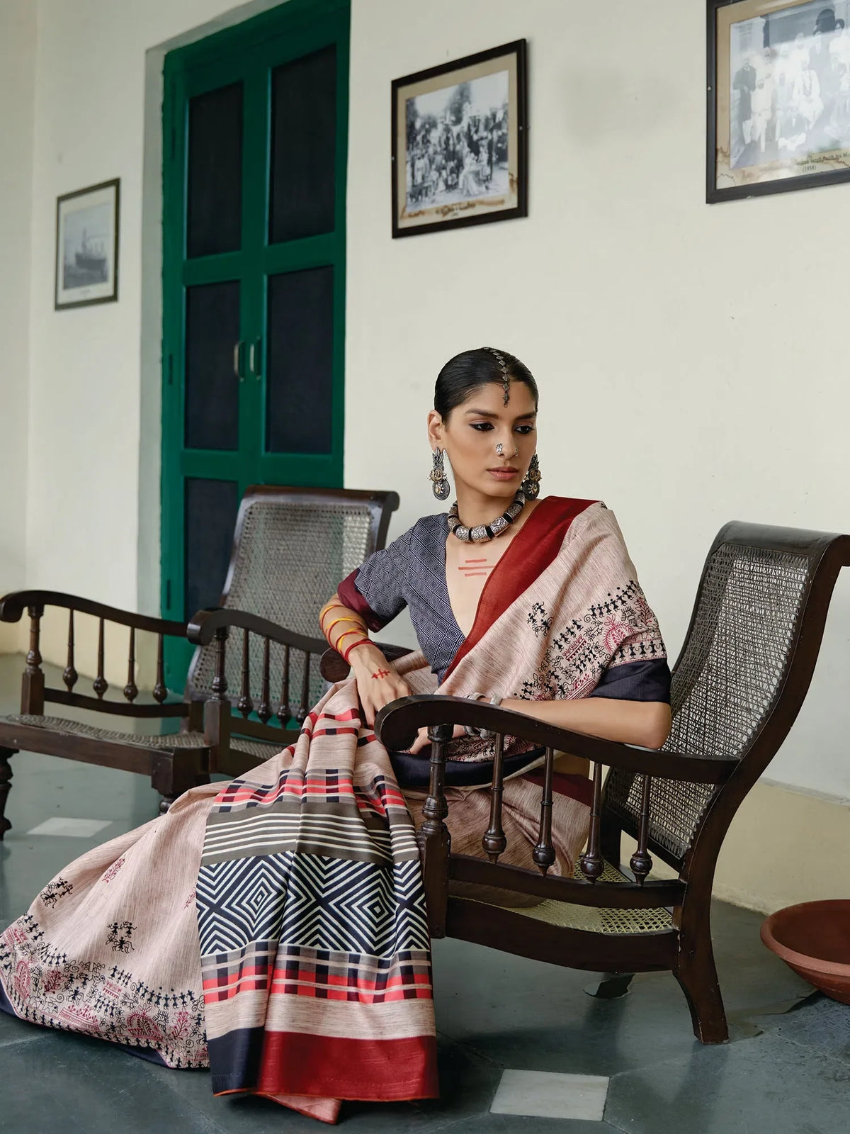 Women's Bhagalpuri Cream Embroidered Celebrity Saree With Blouse Piece-TITHI107