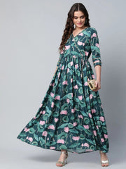 Dark Green Digital Print Flared Dress-AHDRCRDP-893