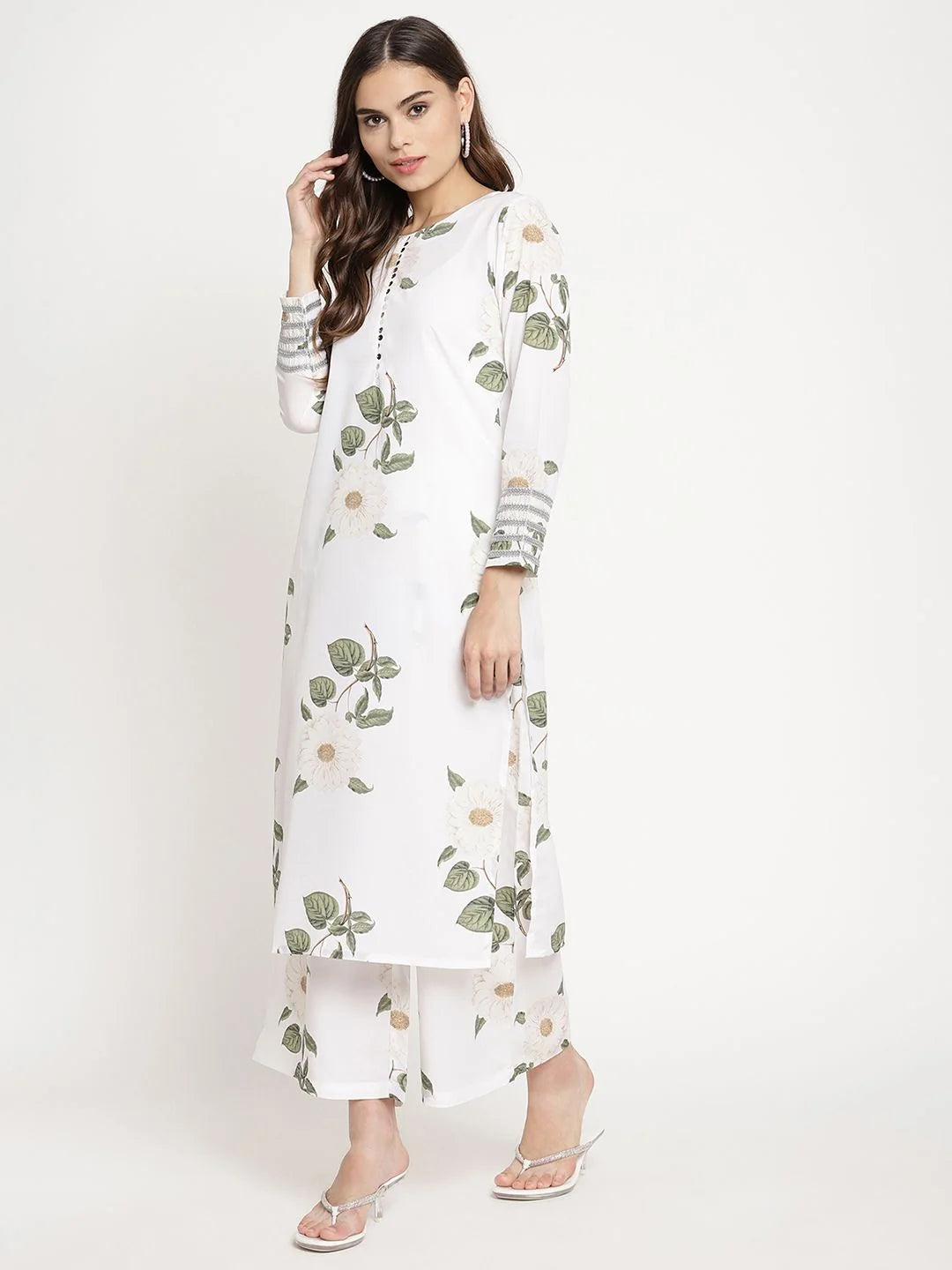 White Digital Print Kurta and Palazzo Set With Dupatta