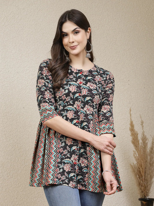 Women's Floral Printed Cotton Peplum Top-TOPBLACKCROW 1080