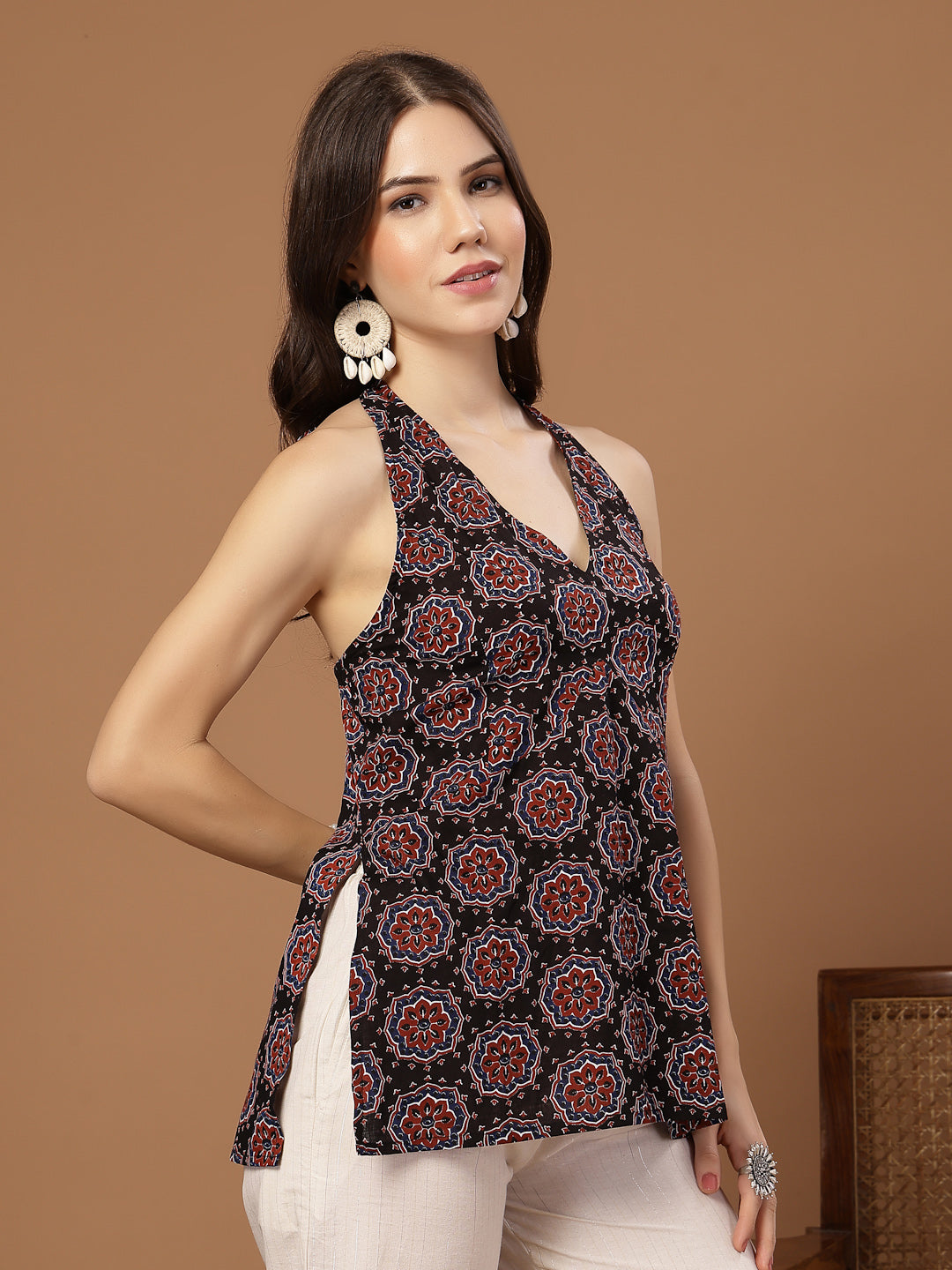 Women's Black Block Printed Cotton Straight Top (TOPBLACKHALTER) | Des