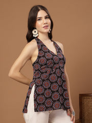 Stylum Women's Black Block Printed Cotton Straight Top (TOPBLACKHALTER)