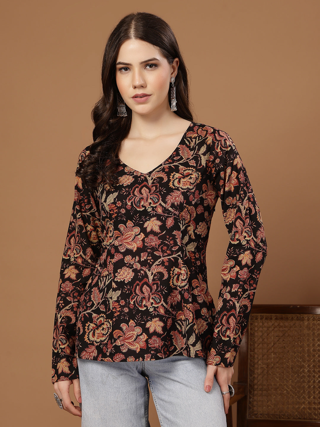 Women's Black Floral Printed Cotton Straight Top (TOPBLACKKRISH) | Des
