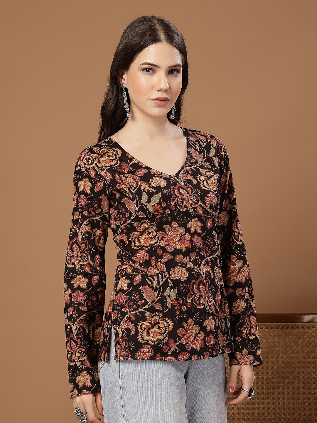 Women's Black Floral Printed Cotton Straight Top (TOPBLACKKRISH) | Des