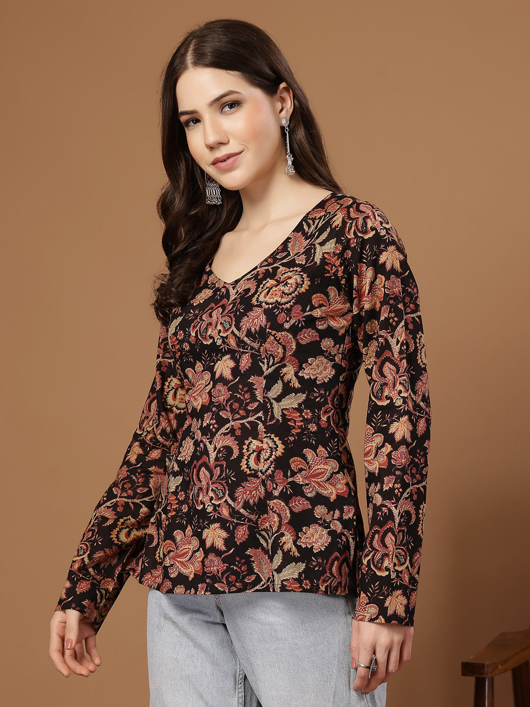 Women's Black Floral Printed Cotton Straight Top (TOPBLACKKRISH) | Des