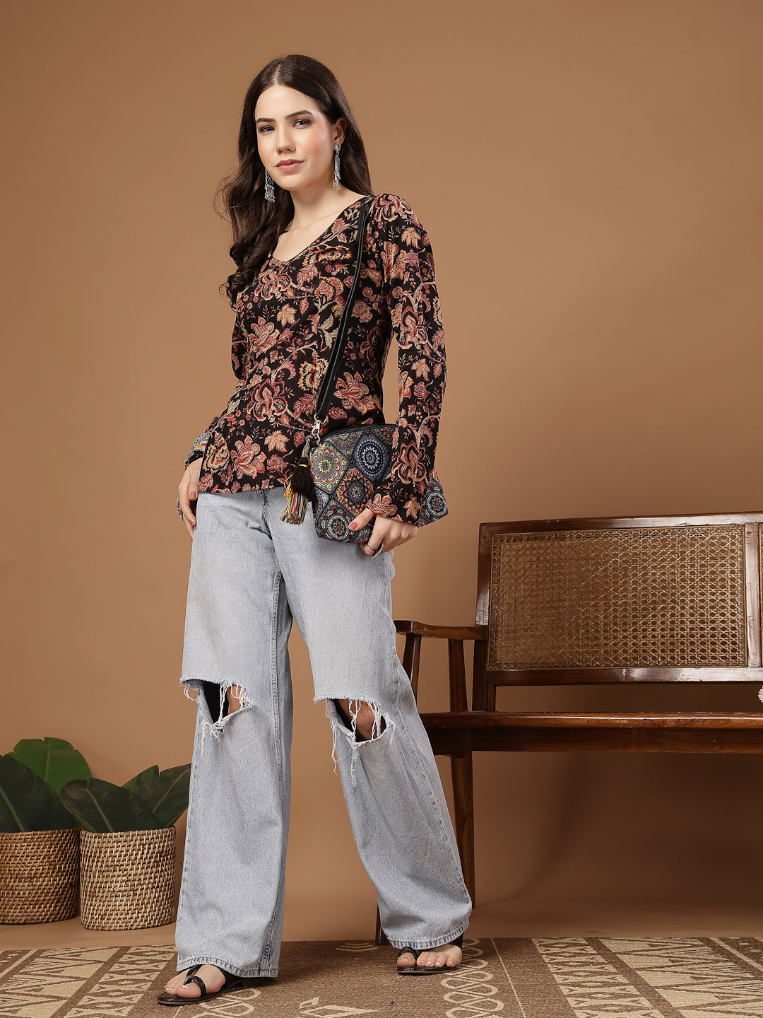 Women's Black Floral Printed Cotton Straight Top (TOPBLACKKRISH) | Des