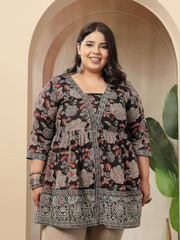 Stylum Women's Black Floral Printed Cotton Peplum Top (TOPBLACKNOVAPLUS)