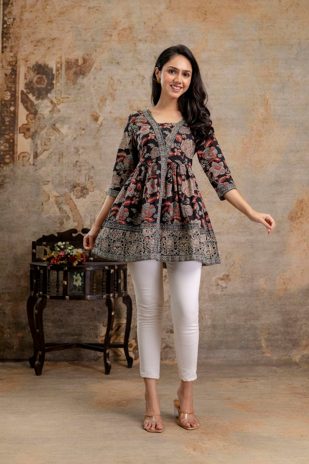 Women's Black Floral Printed Cotton Peplum Top (TOPBLACKNOVA) | DesiQl