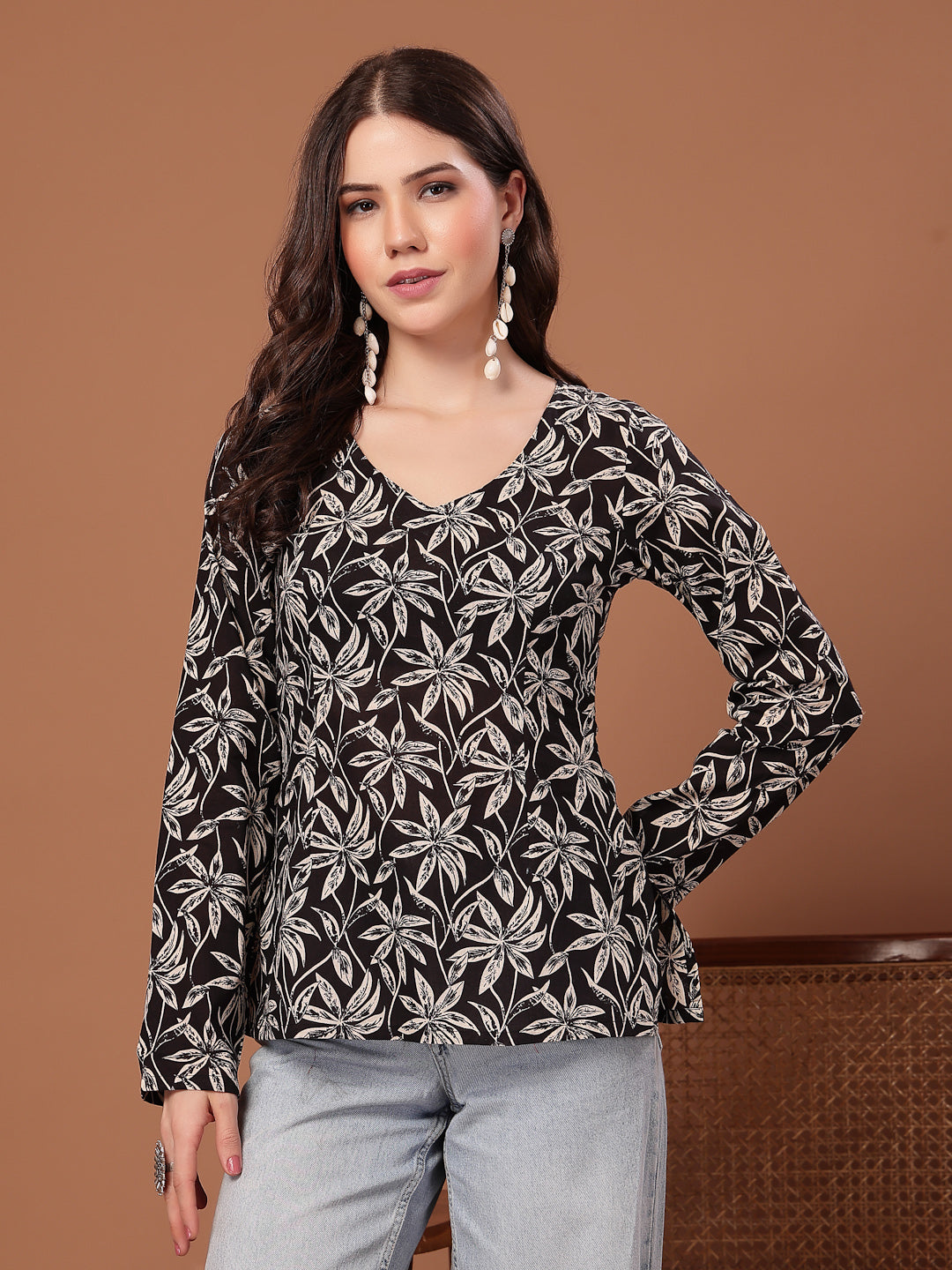 Women's Black Floral Printed Cotton Straight Top (TOPBLACKSCAR) | Desi