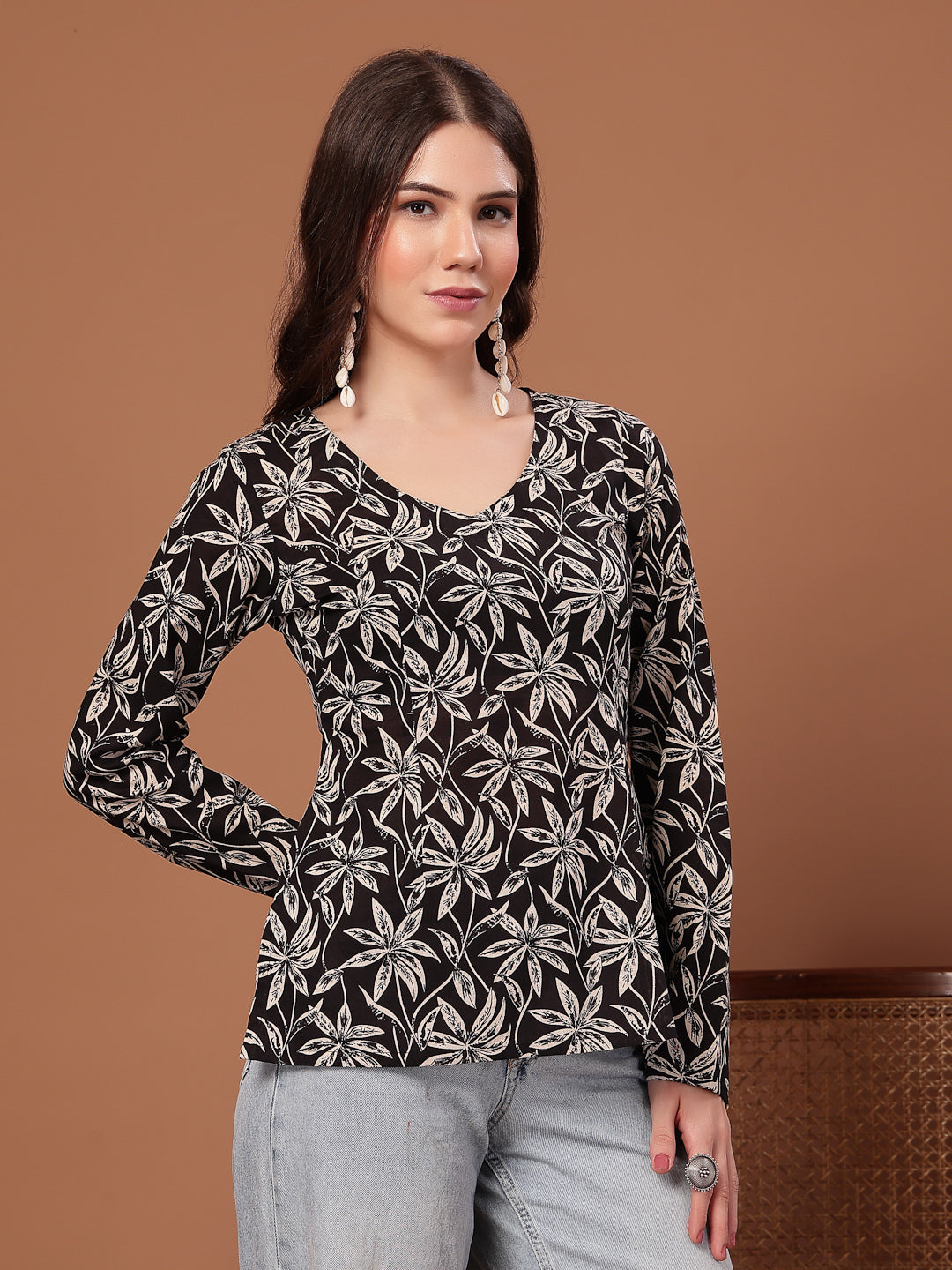 Women's Black Floral Printed Cotton Straight Top (TOPBLACKSCAR) | Desi