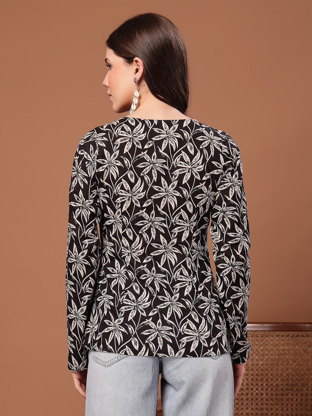 Women's Black Floral Printed Cotton Straight Top (TOPBLACKSCAR) | Desi