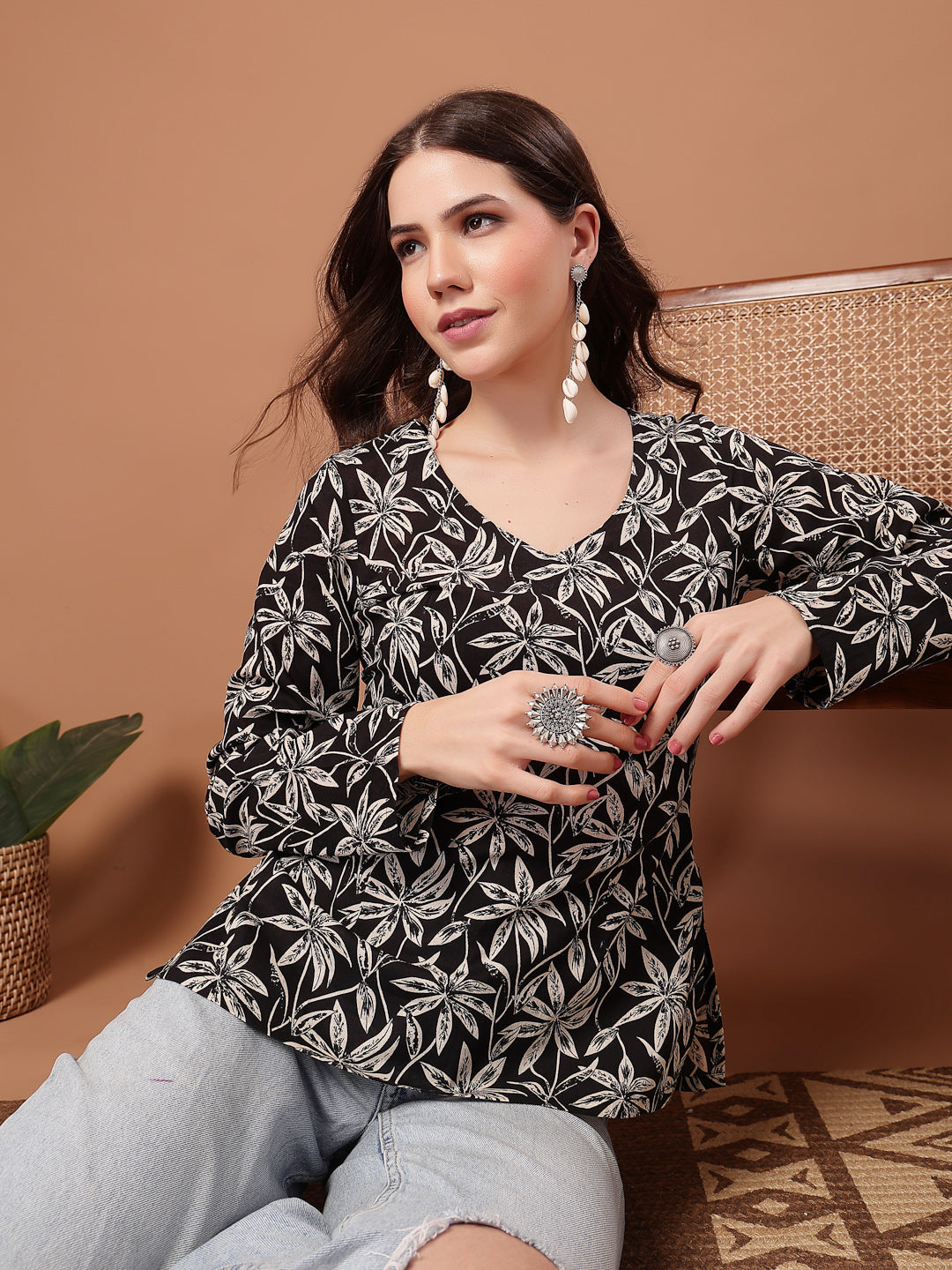 Women's Black Floral Printed Cotton Straight Top (TOPBLACKSCAR) | Desi