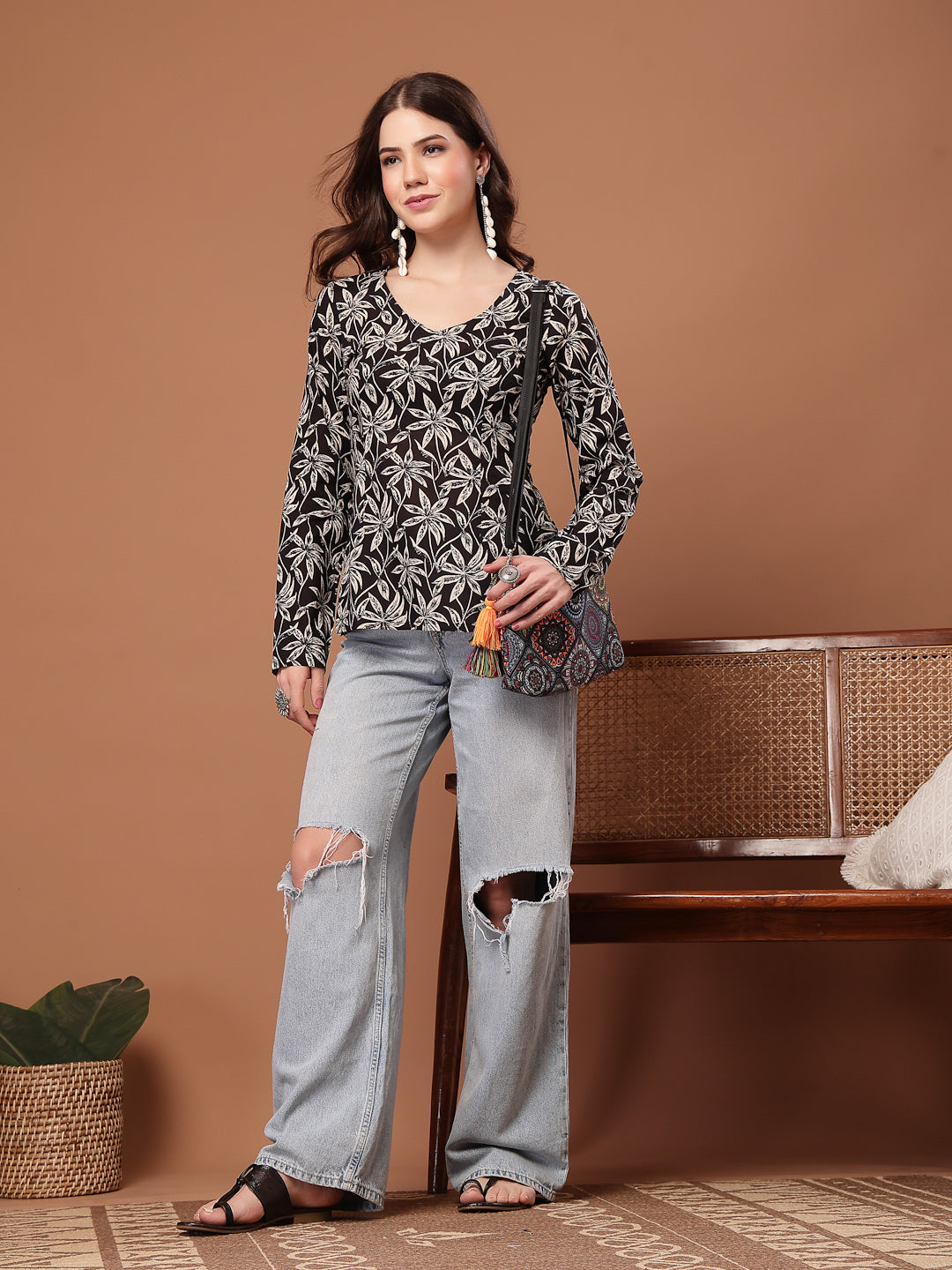 Women's Black Floral Printed Cotton Straight Top (TOPBLACKSCAR) | Desi