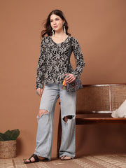 Women's Black Floral Printed Cotton Straight Top (TOPBLACKSCAR)