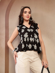 Stylum Women's Black Floral Printed Rayon Peplum Tops (TOPBLACKVERNA)