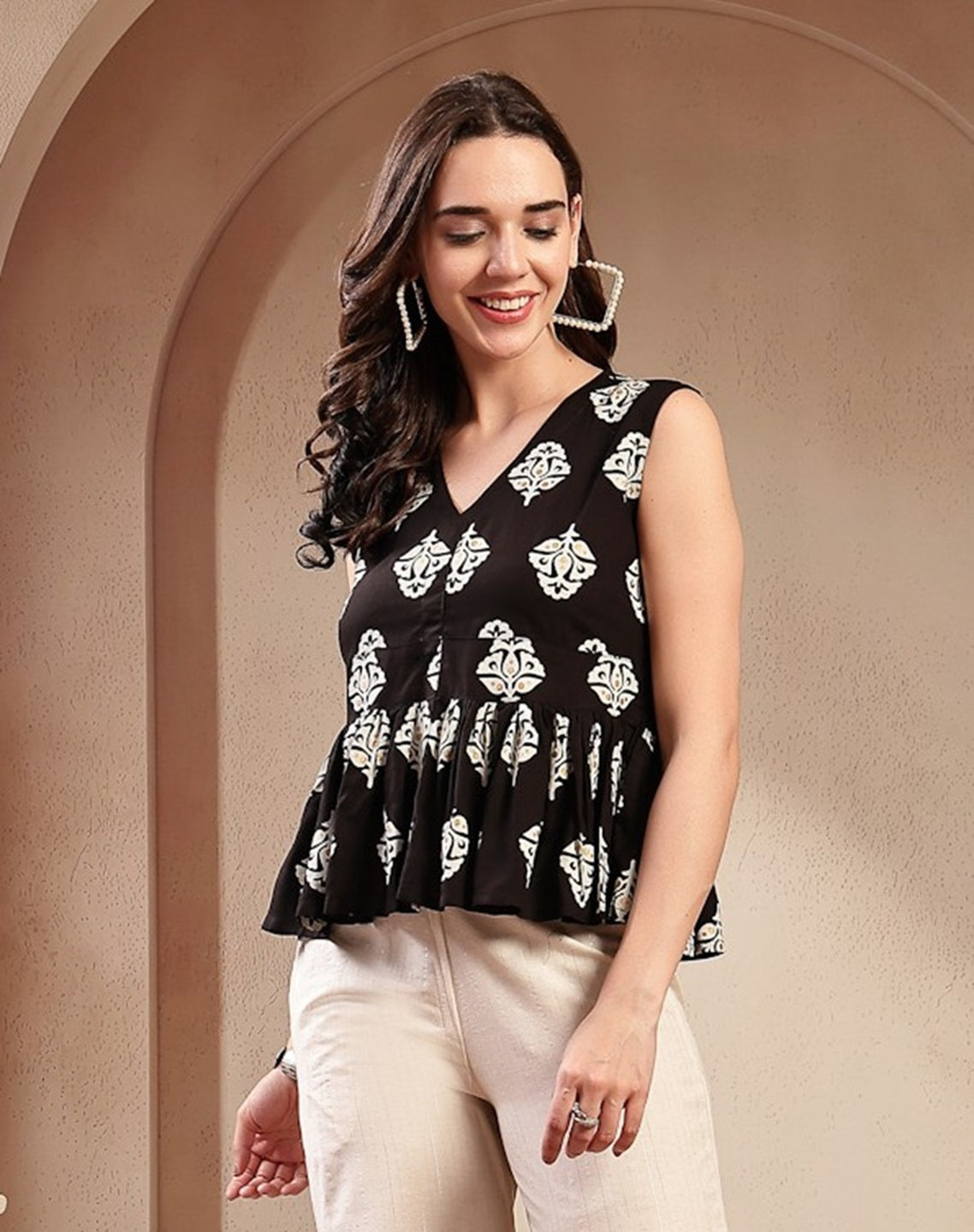 Women's Black Floral Printed Rayon Peplum Tops (TOPBLACKVERNA) | DesiQ
