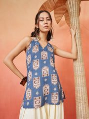 Stylum Women's Blue Ethnic Printed Cotton Straight Top (TOPBLUEBUZZ)
