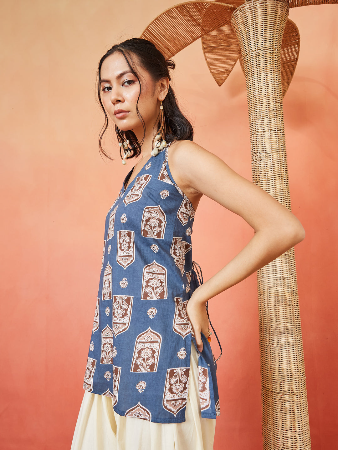 Women's Blue Ethnic Printed Cotton Straight Top (TOPBLUEBUZZ) | DesiQl