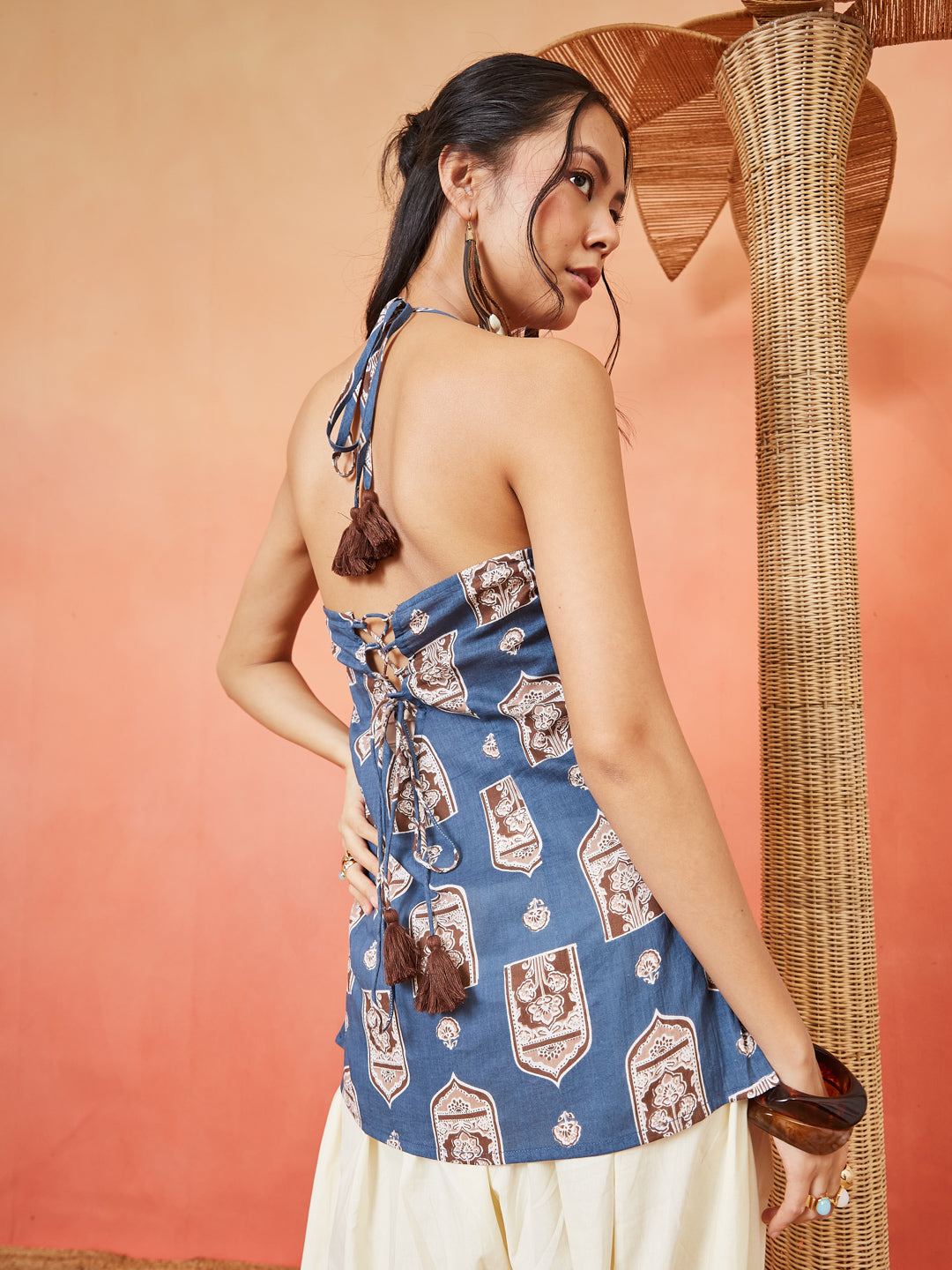 Women's Blue Ethnic Printed Cotton Straight Top (TOPBLUEBUZZ) | DesiQl