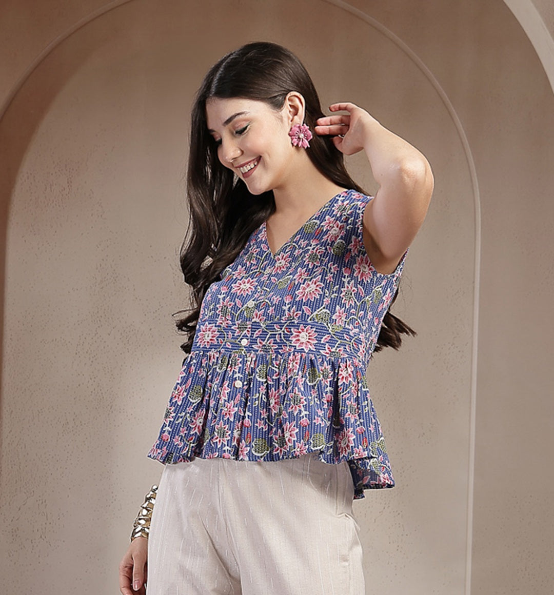 Women's Blue Floral Printed Katha Cotton Peplum Tops (TOPBLUECHIKA) | 