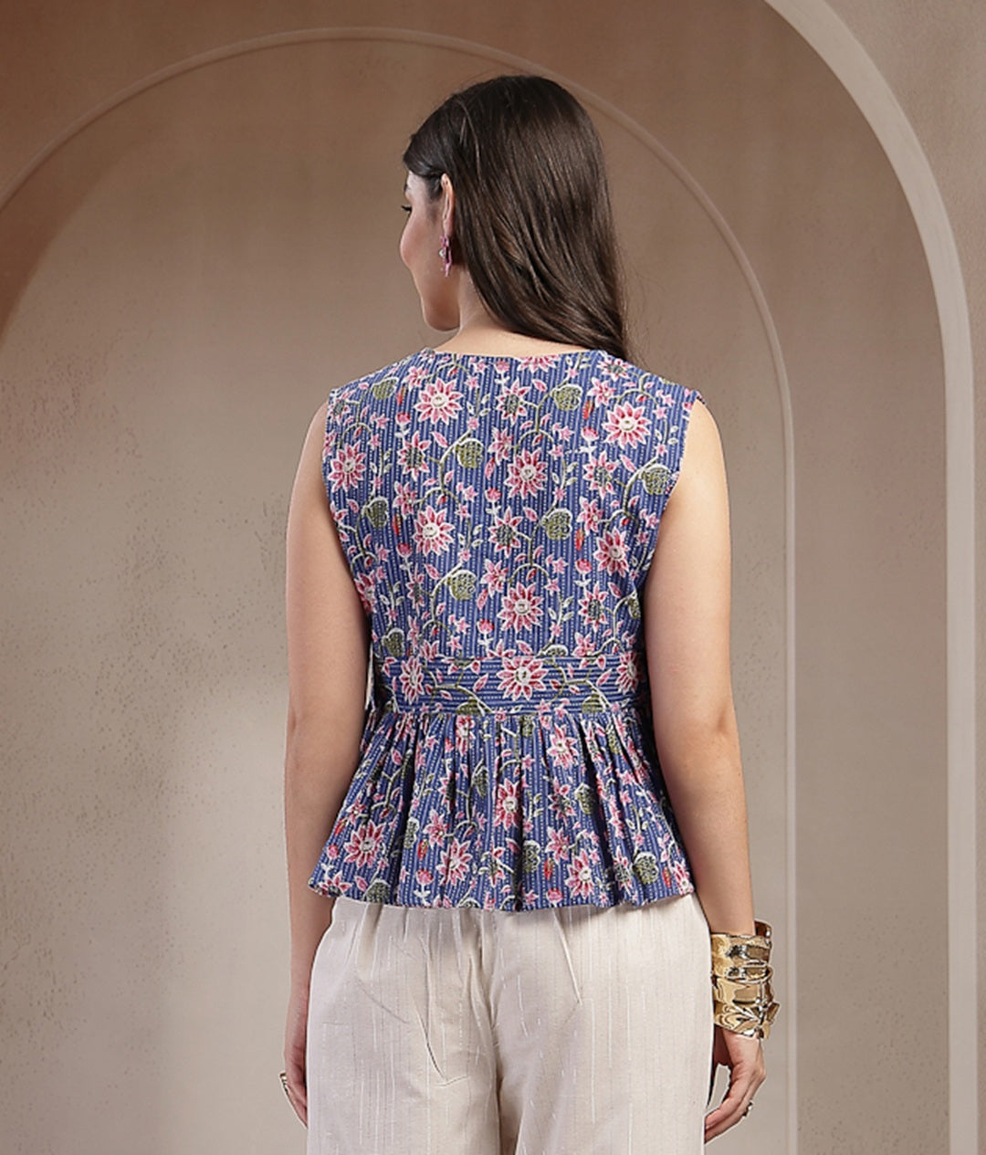Women's Blue Floral Printed Katha Cotton Peplum Tops (TOPBLUECHIKA) | 