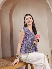 Stylum Women's Blue Floral Printed Katha Cotton Peplum Tops (TOPBLUECHIKA)