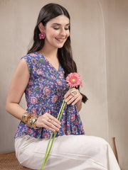 Stylum Women's Blue Floral Printed Katha Cotton Peplum Tops (TOPBLUECHIKA)