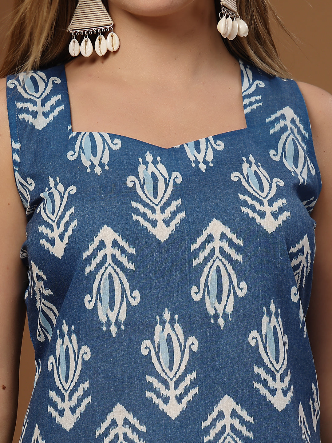 Women's Blue Ikkat Printed Cotton Blend Straight Top (TOPBLUEDABBY) | 