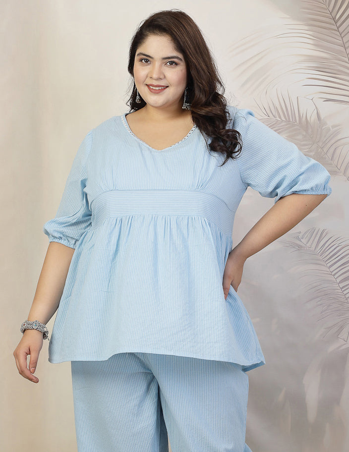 Plus Size Women Self Woven Kantha Cotton Top (TOPBLUEDAMPAPLUS) | Desi