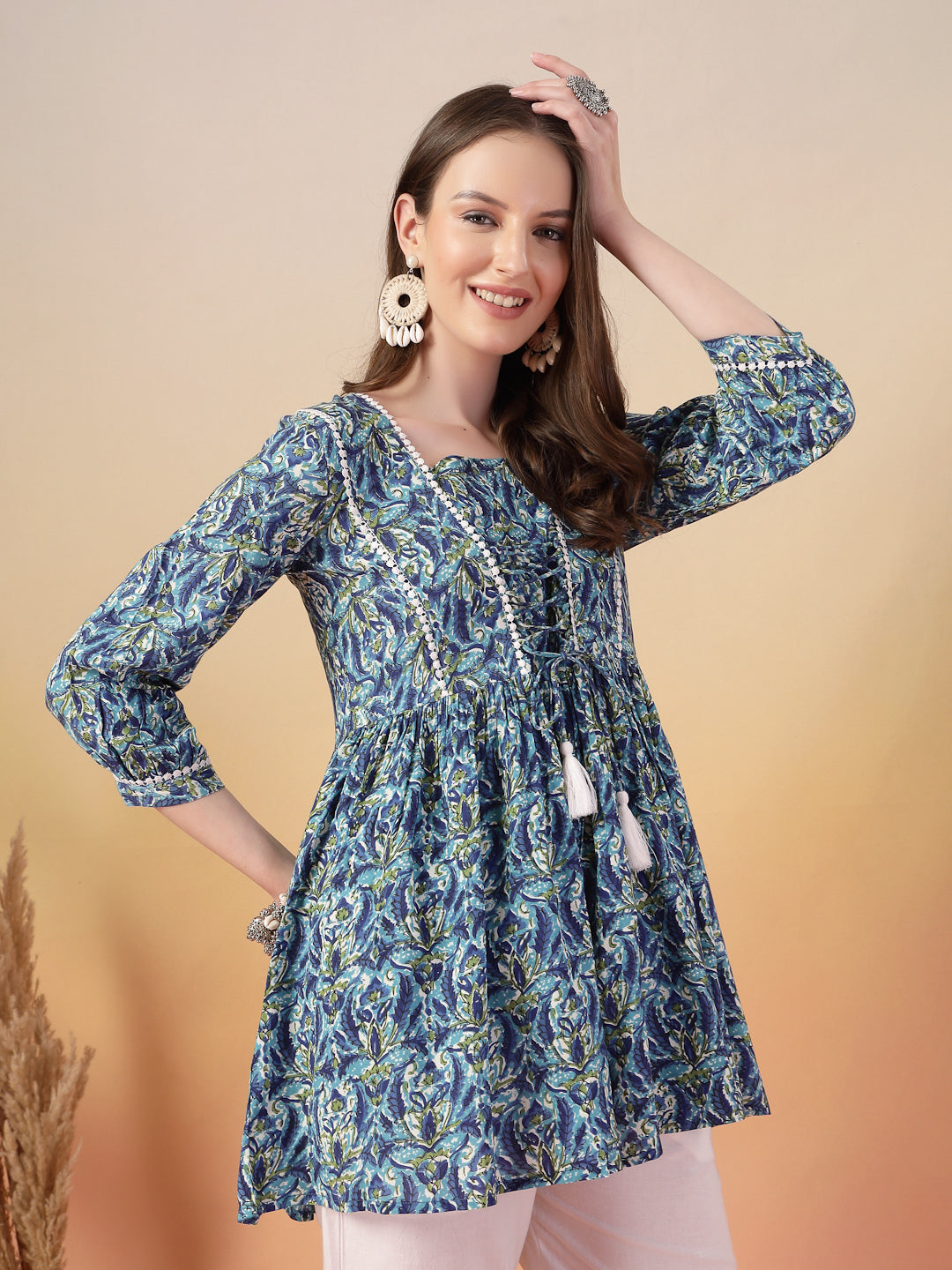 Women's Blue Floral Printed Rayon Peplum Top (TOPBLUEMUMTAZ) | DesiQlo
