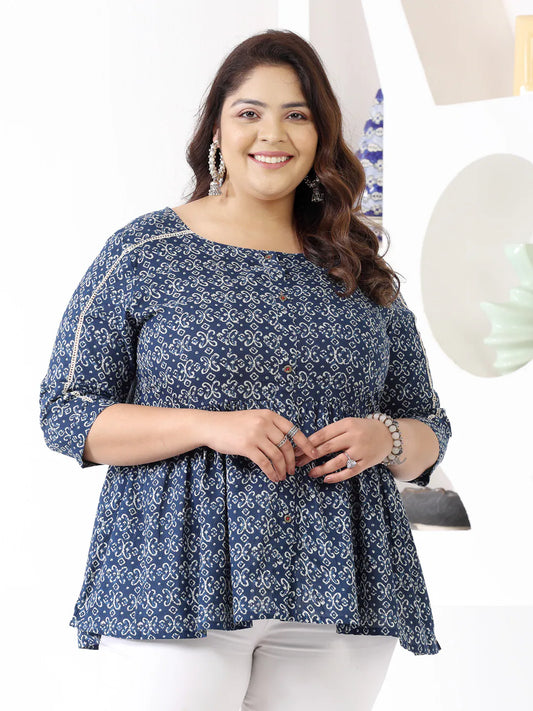 Plus Size Women Ethnic Motif Printed Cotton Peplum Top-TOPBLUENAYAPLUS 1080