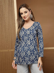 Stylum Women's Blue Floral Printed Cotton Straight Top (TOPBLUESCAR)