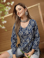 Stylum Women's Blue Floral Printed Cotton Straight Top (TOPBLUESCAR)