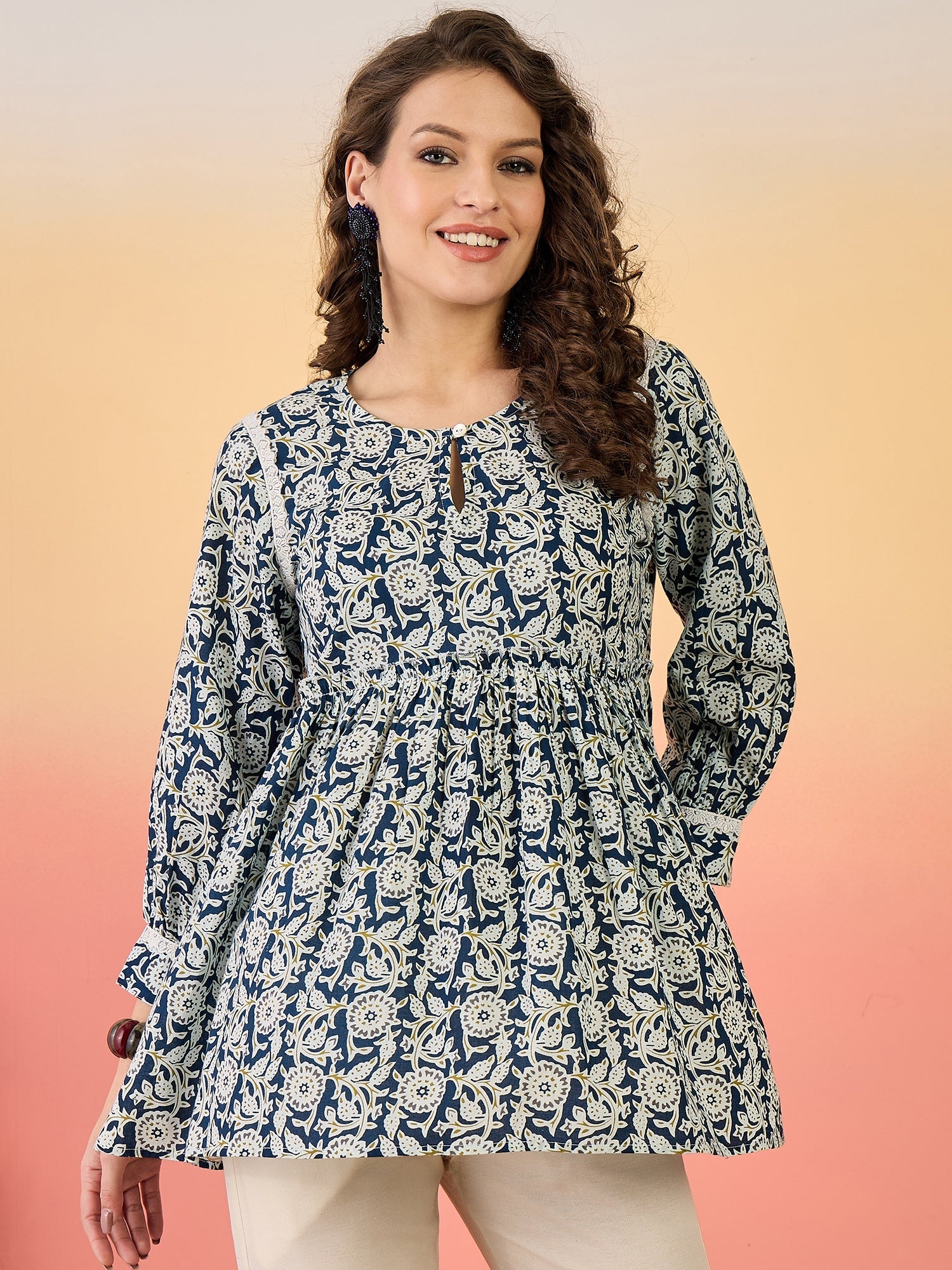 Women's Blue Floral Printed Cotton Top (TOPBLUEWOW) | DesiQlo