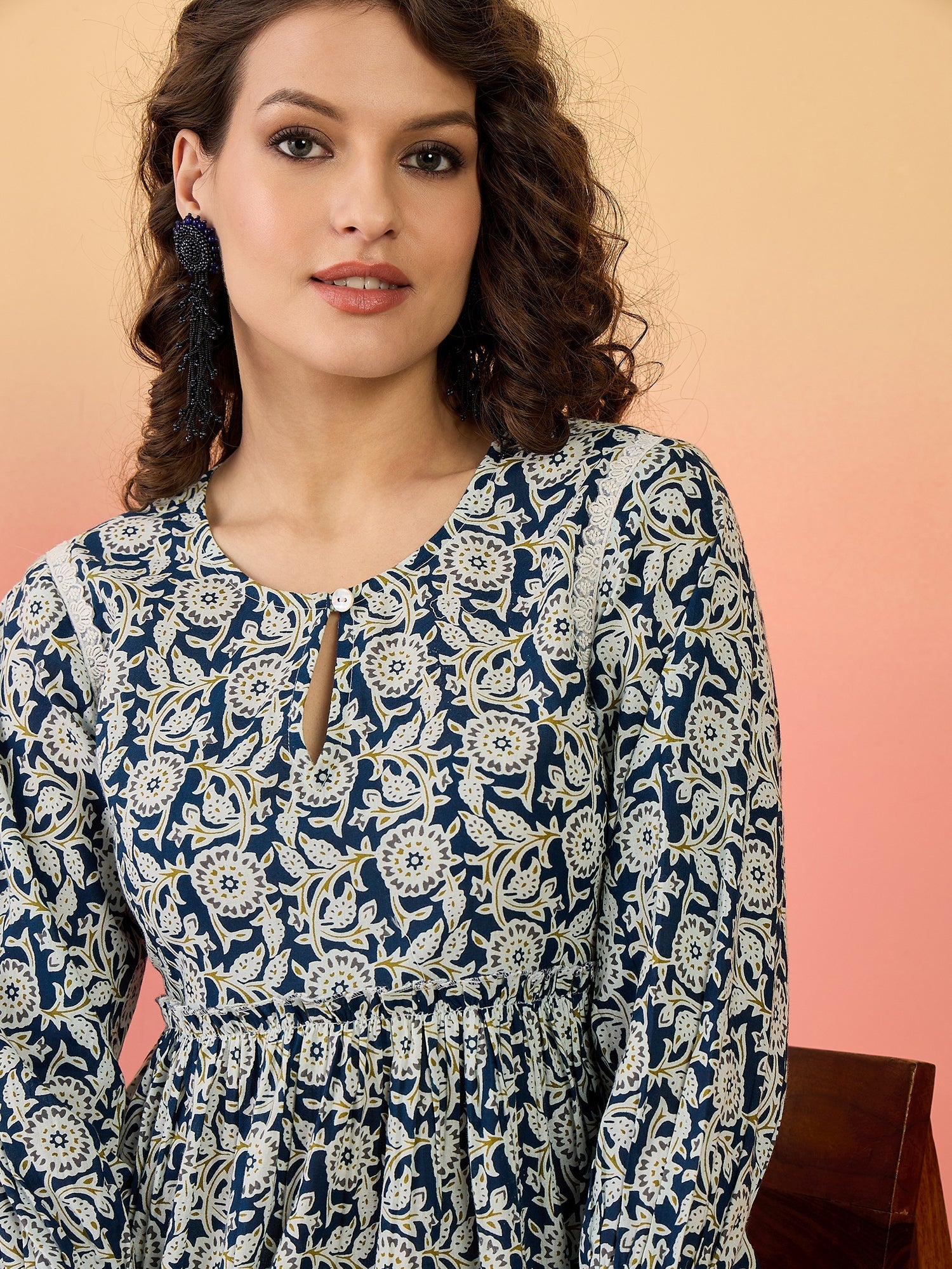 Women's Blue Floral Printed Cotton Top (TOPBLUEWOW) | DesiQlo