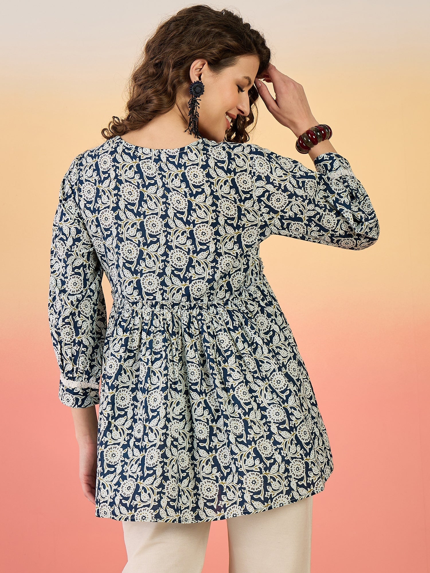 Women's Blue Floral Printed Cotton Top (TOPBLUEWOW) | DesiQlo